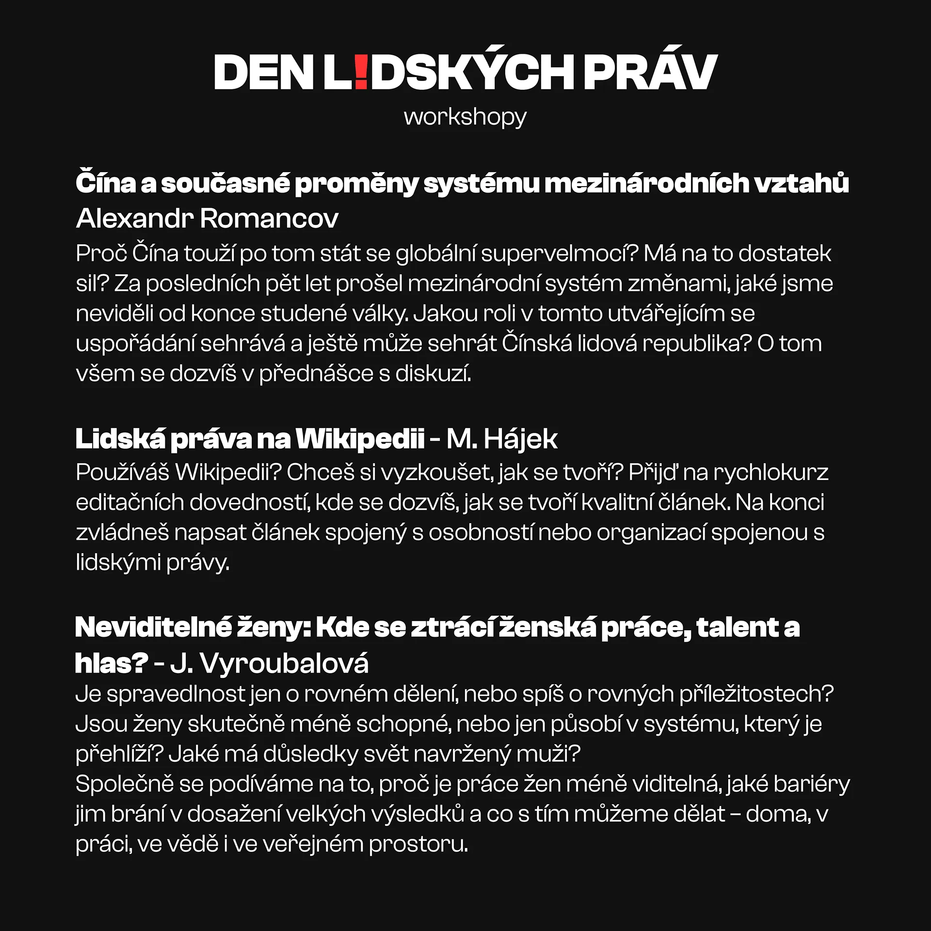 Seznam workshopů Den lidských práv